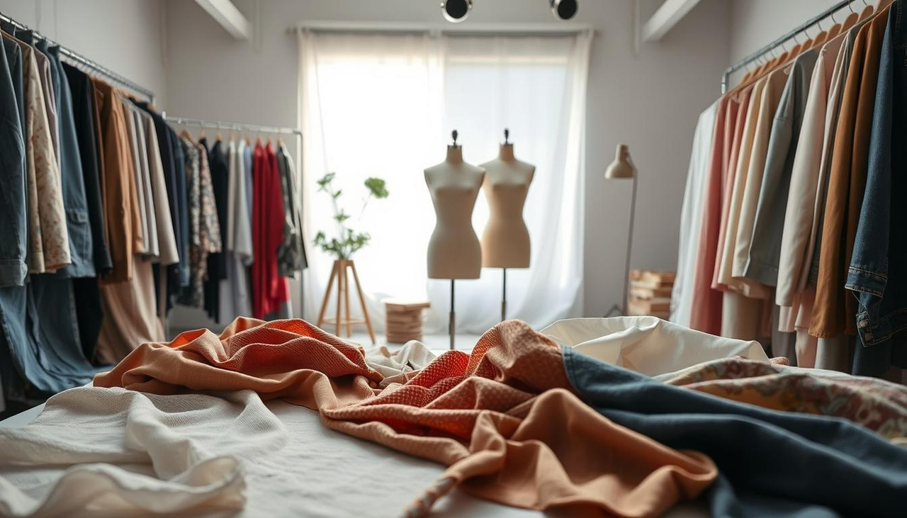 Разнообразные образцы тканей для шитья: хлопок, лен, шерсть и шелк Разнообразие текстильных материалов для рукоделия - хлопок, лен, шерсть, шелк разложены на столе