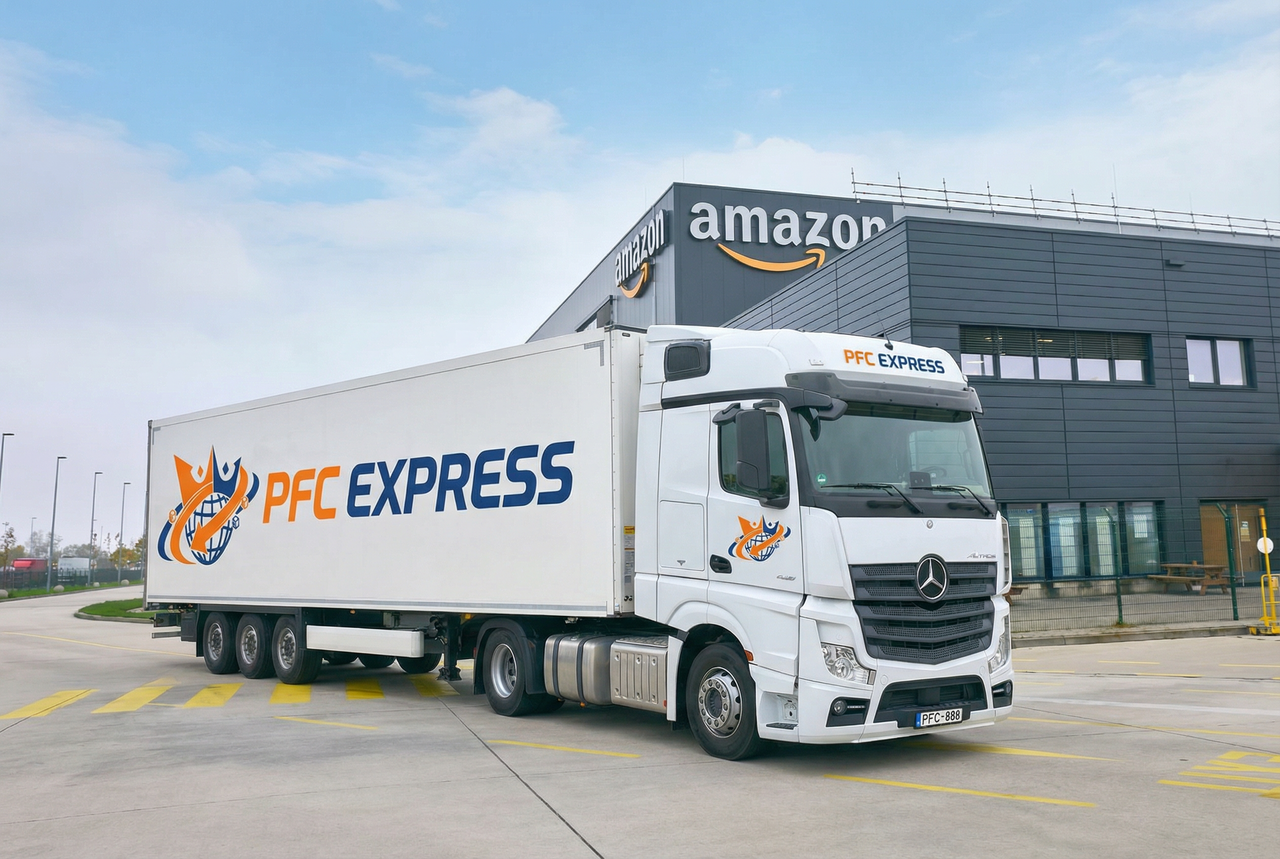 PFC Express truck delivering inventory to Amazon FBA fulfillment center