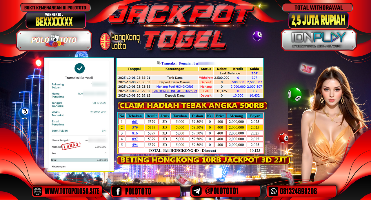 POLOTOTO JACKPOT TOGEL HONGKONG LOTTO Rp.2.500.000,- LUNAS
