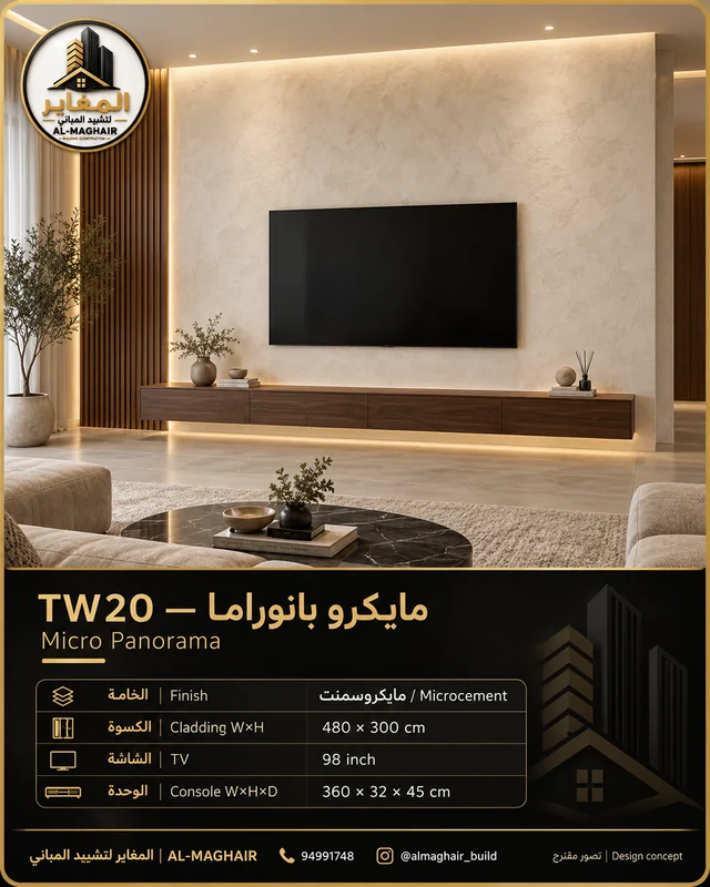 موديل TW20 مايكرو بانوراما، ديكور شاشة 98 بوصة من مايكروسمنت، كسوة 480 في 300 سم، المغاير الكويت.