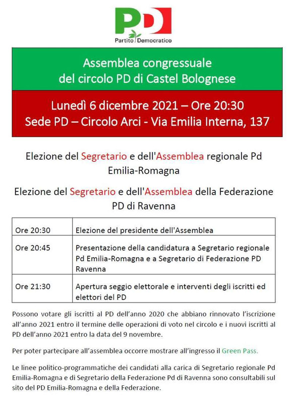 PD: Lunedì 6 dicembre Assemblea congressuale del circolo di Castel Bolognese
