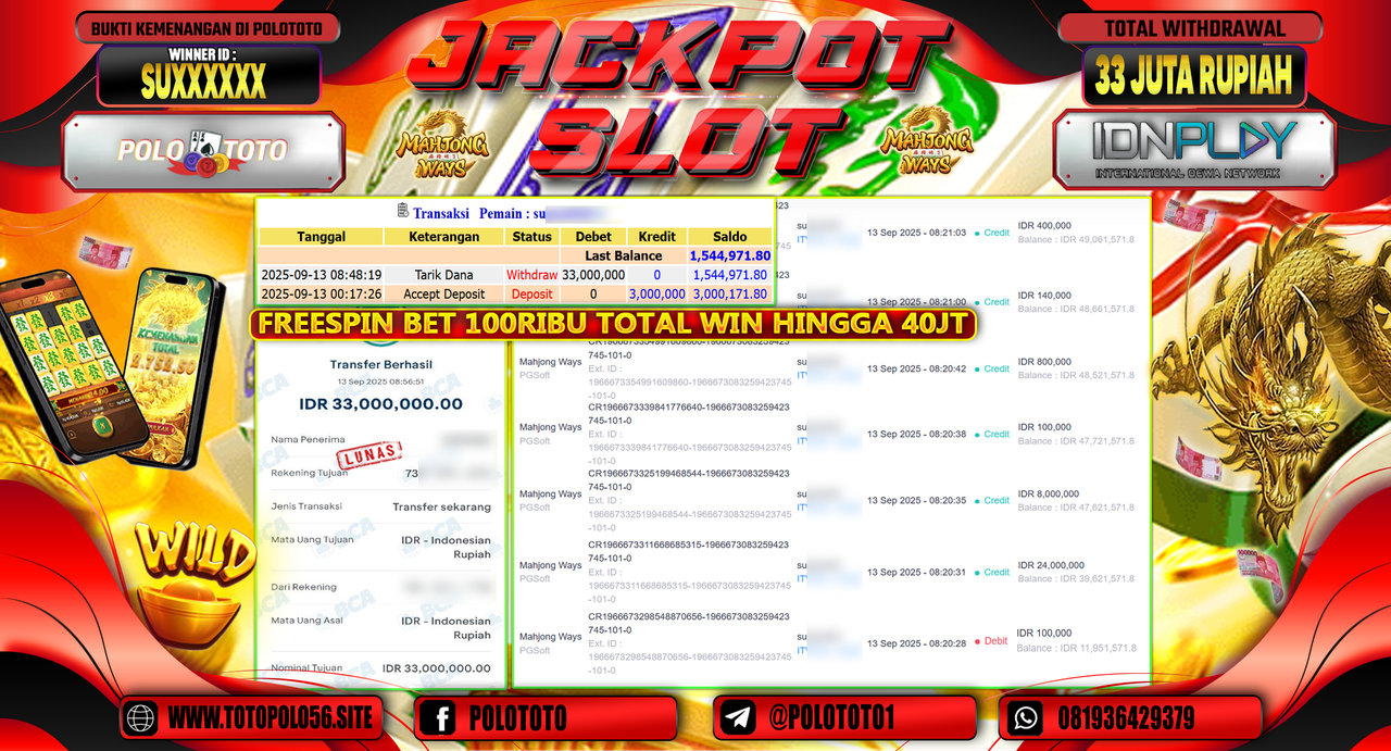 POLOTOTO JACKPOT SLOT MAHJONG WAYS Rp.33.000.000,-