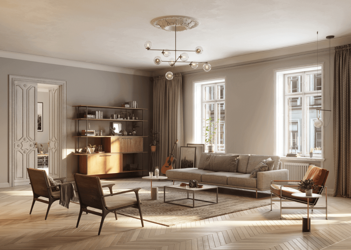large living room with hardwood floors and bookshelf