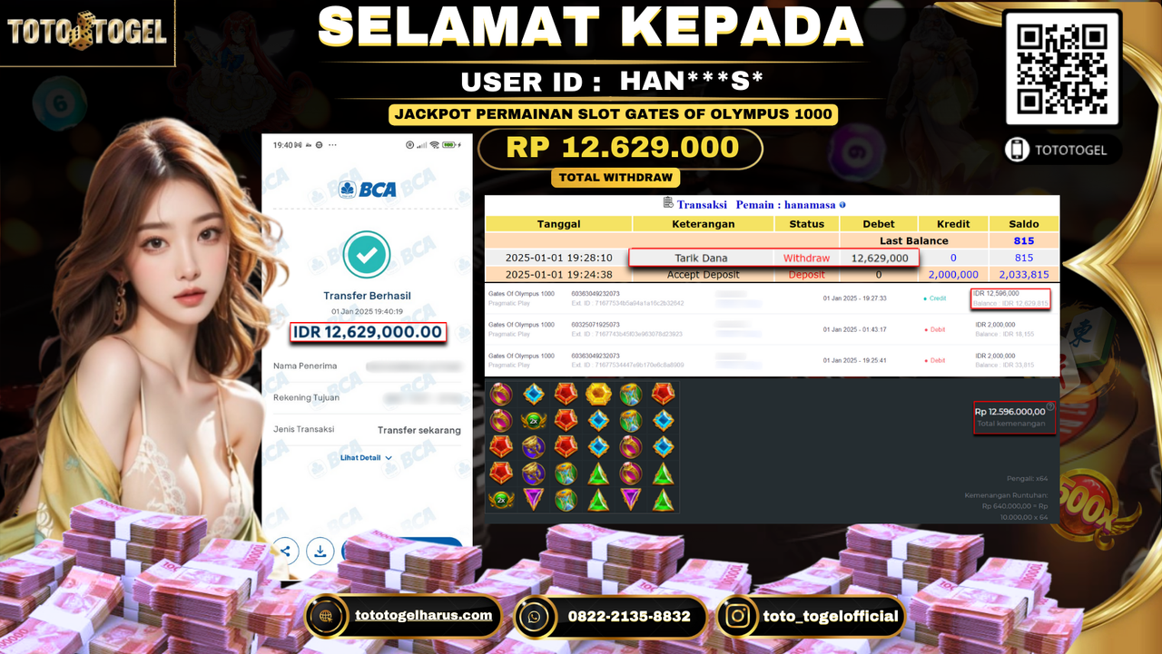 Bukti Pembayaran Jackpot  Permainan Slot Gates Of Olympus 1000  : HAN***S* LUNAS