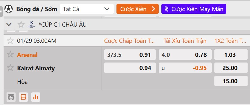 Tỷ lệ kèo&nbsp;Arsenal vs Kairat Almaty