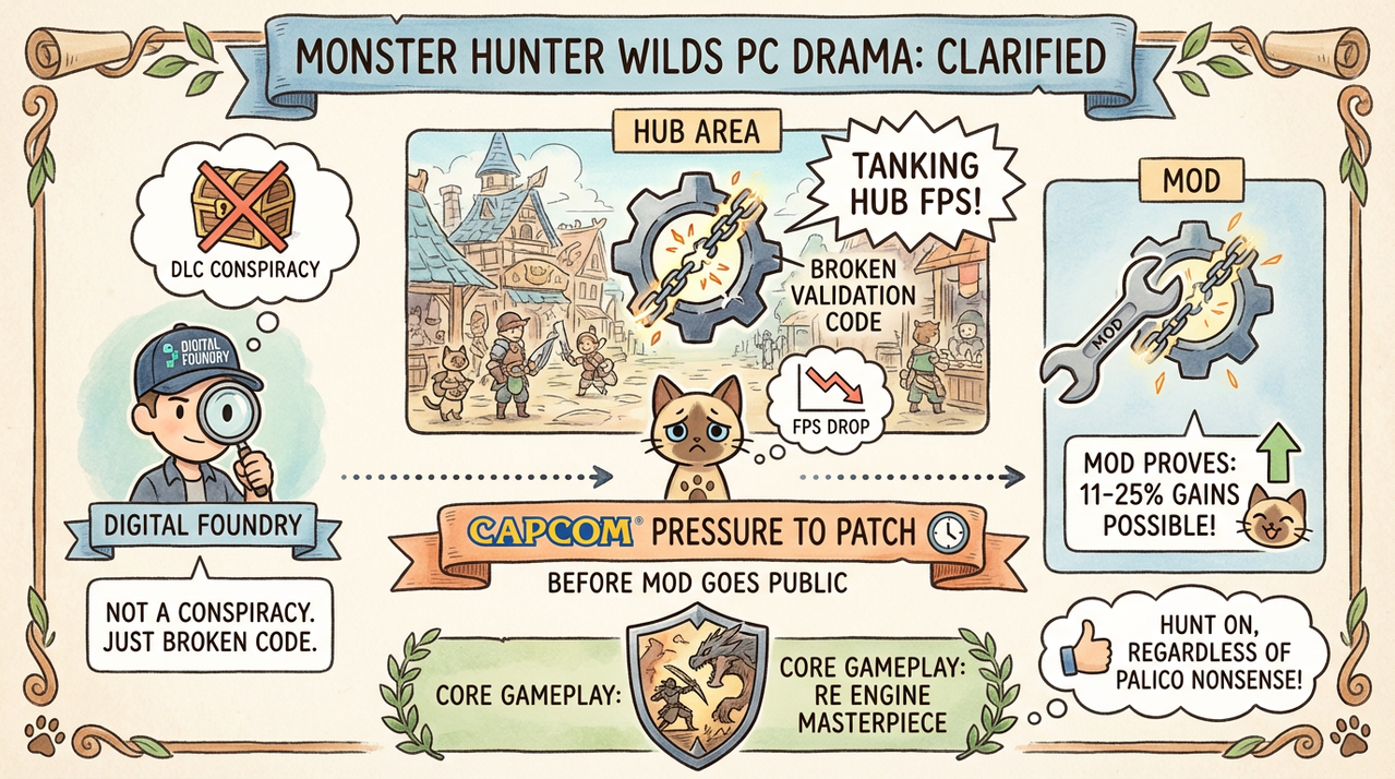 Monster Hunter palico character surrounded by DLC item displays in hub area
