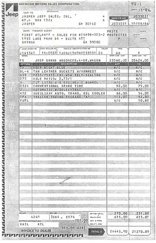 1987 AMC Jeep GW invoice