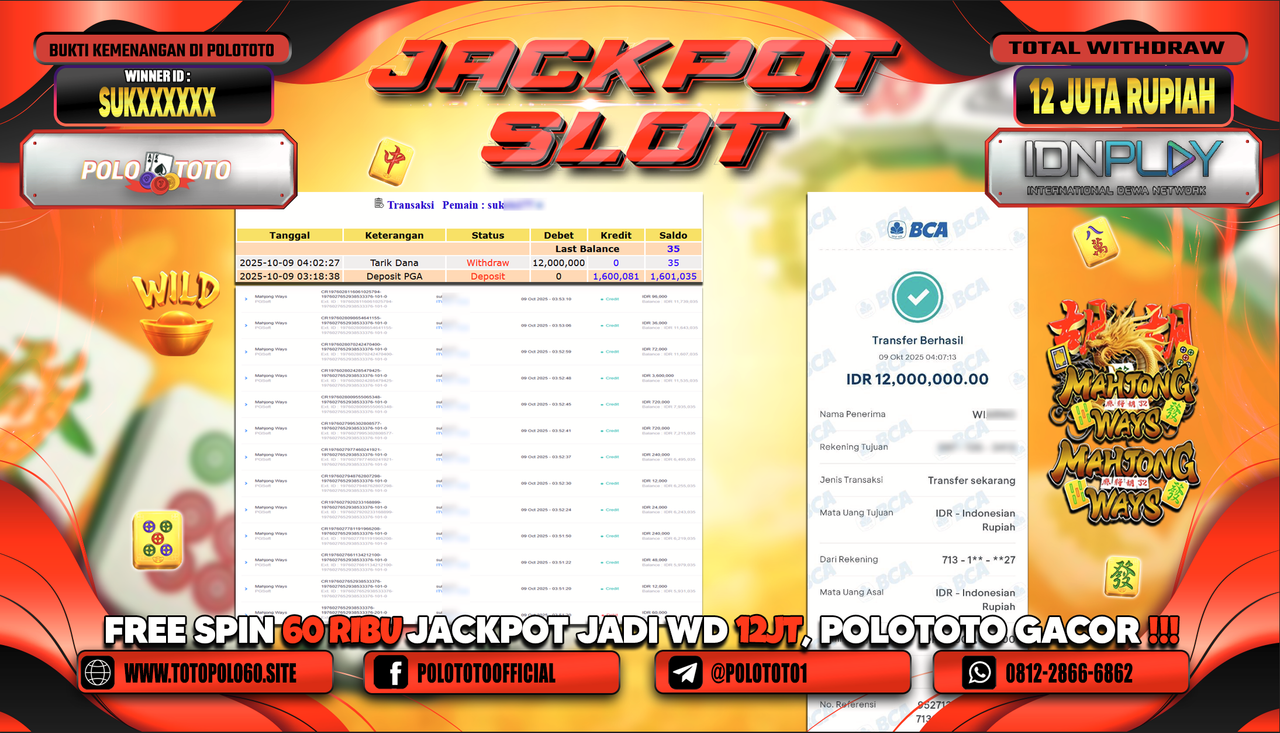 POLOTOTO JACKPOT SLOT MAHJONG WAYS Rp.12.000.000,- LUNAS