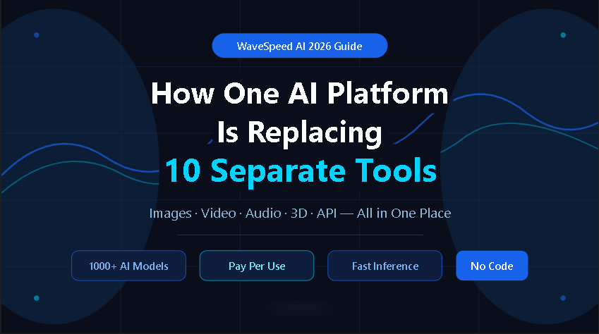 How One AI Platform Is Replacing 10 Separate Tools (And Why Creators Are Taking Notice) "How One AI Platform Is Replacing 10 Separate Tools" โ Deep navy background, electric blue wave lines, 1000+ AI Models ยท Pay Per Use ยท Fast Inference ยท No Code pills, wavespeed.ai