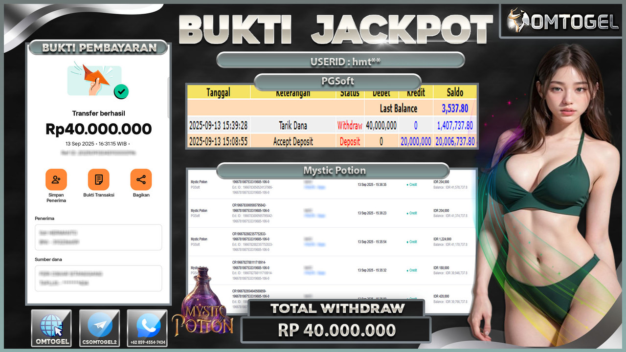 OMTOGEL JACKPOT PGSOFT MYSTIC POTION 40 JUTA DI BAYAR LUNAS ,-