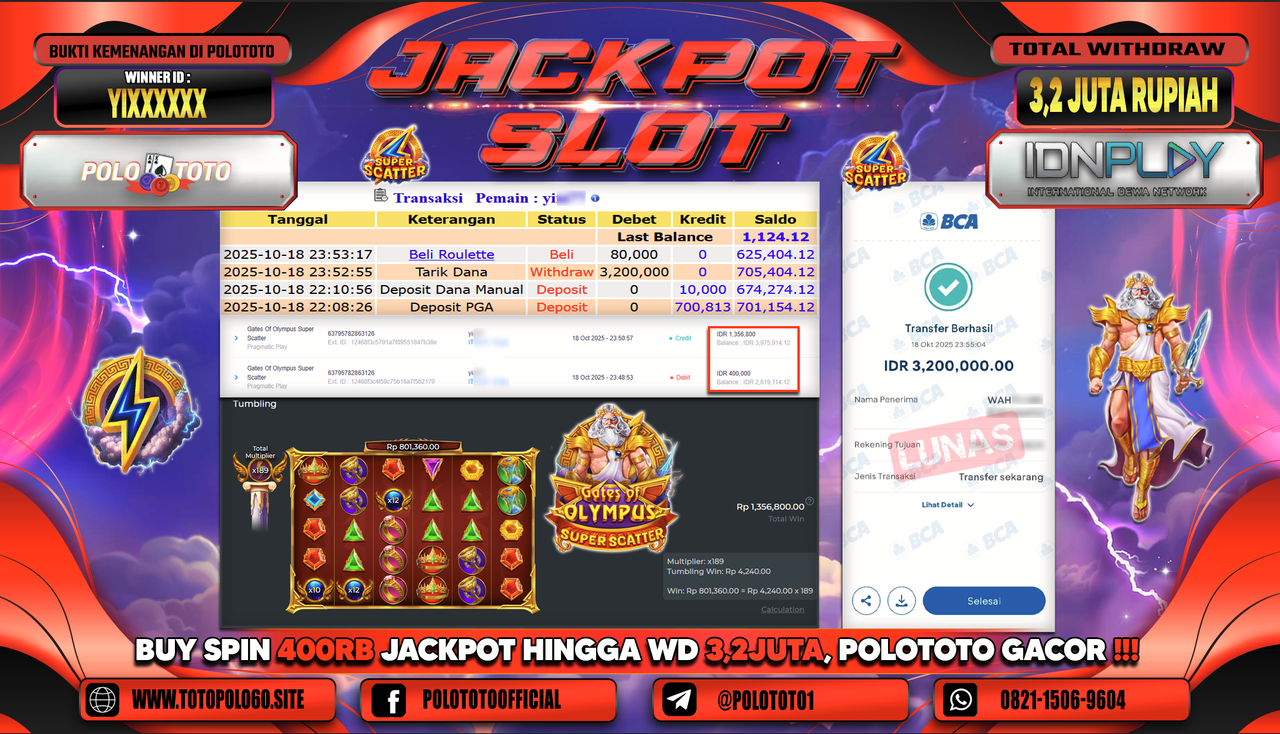 POLOTOTO JACKPOT SLOT GATES OF OLYMPUS SUPER SCATTER Rp.3.200.000,- LUNAS