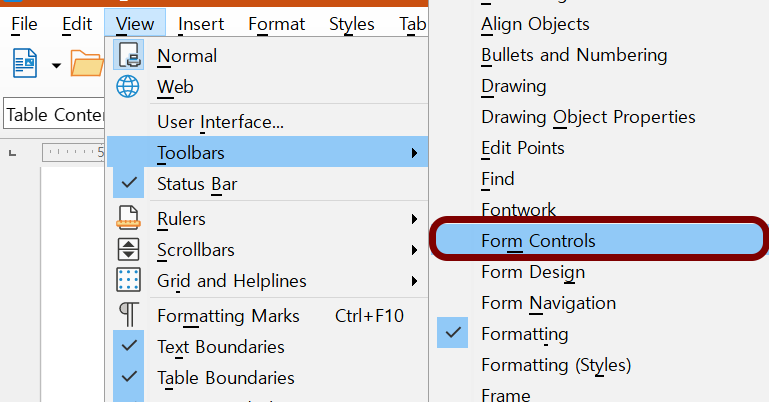 양식 컨트롤 도구모음(툴바) 보이기: 메뉴에서 View, Toolbars, Form Controls를 선택한다.