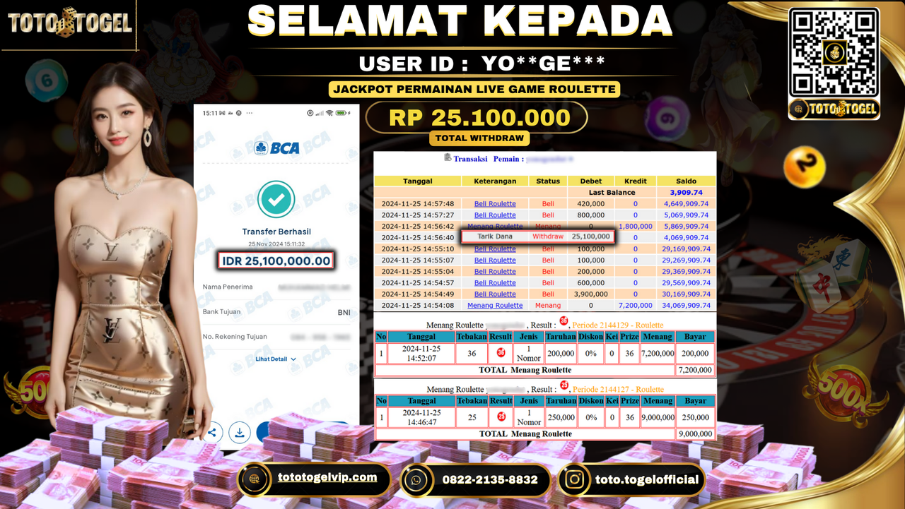 Bukti Pembayaran Jackpot Permainan Live Game Roulette  ID: YO**GE*** LUNAS 