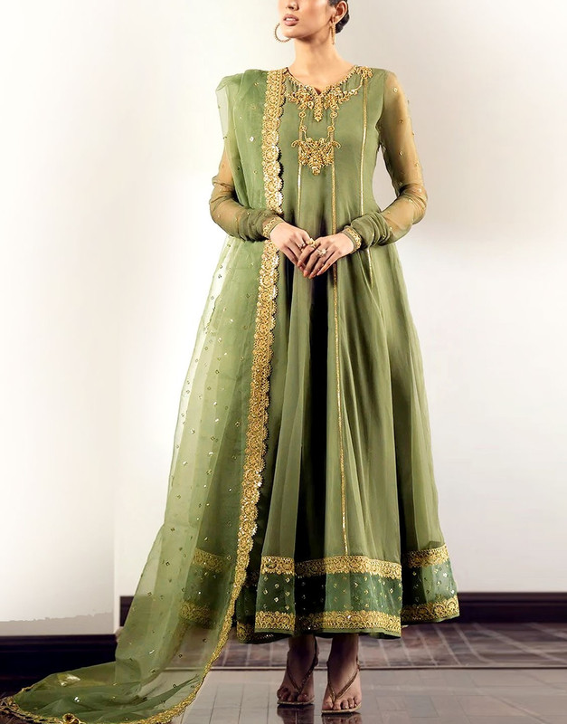 Handwork Embroidered Organza Party Wear Frock with Silk Trouser