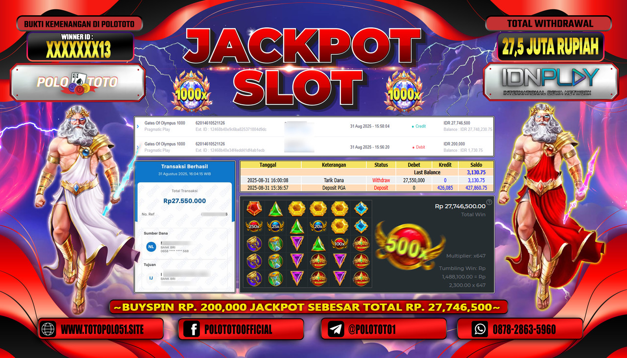POLOTOTO JACKPOT SLOT GATES OF OLYMPUS 1000 Rp.27.500.000,-LUNAS