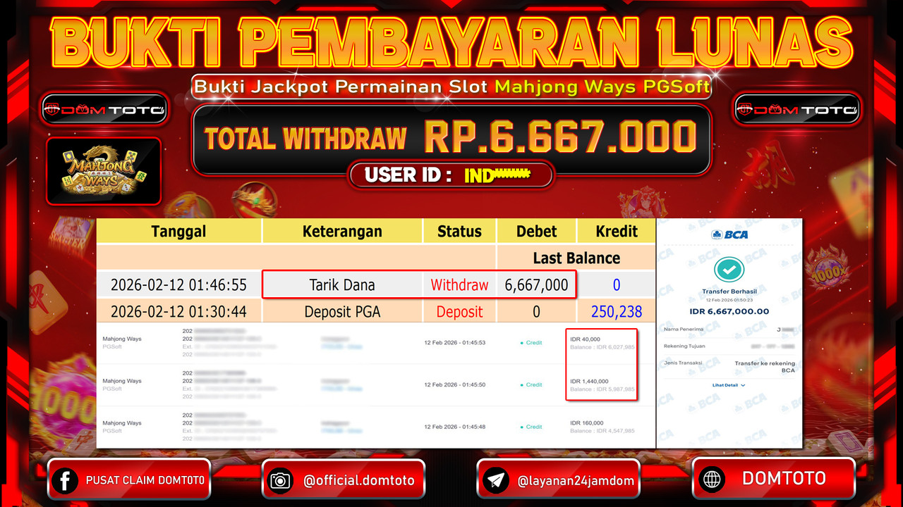 JACKPOT SLOT Menang Slot Mahjong Ways PGSoft 12 FEBRUARI 2026
