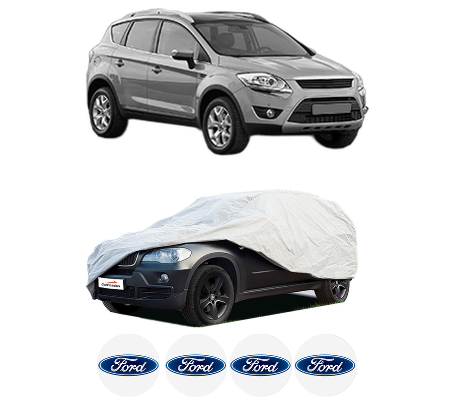 Husa tip prelata auto pentru FORD KUGA I din 2008-2012, Culoare Gri, material textil impermeabil, rezistanta la intemperii praf UV, CARPASSION Husa Protectie, 4 Stickere auto cu FORD