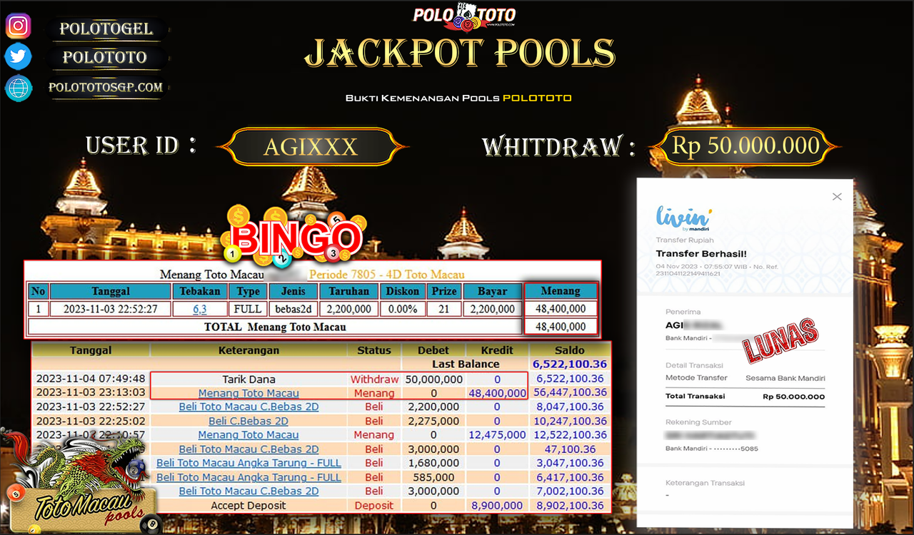 BUKTI PEMBAYARAN JACKPOT DIPOLOTOTO DIBAYAR LUNAS!!!