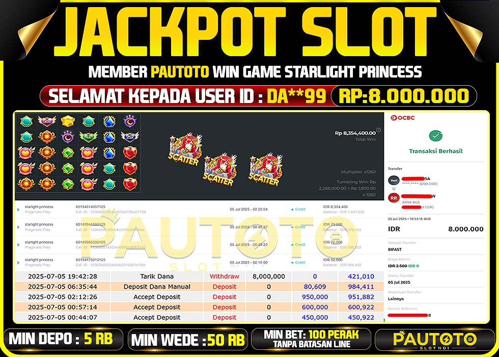 BUKTI PEMBAYARAN TGL 5 JULY 2025 MENANG DI PERMAINAN STARLIGHT PRINCESS TOTAL WD 8 JUTA