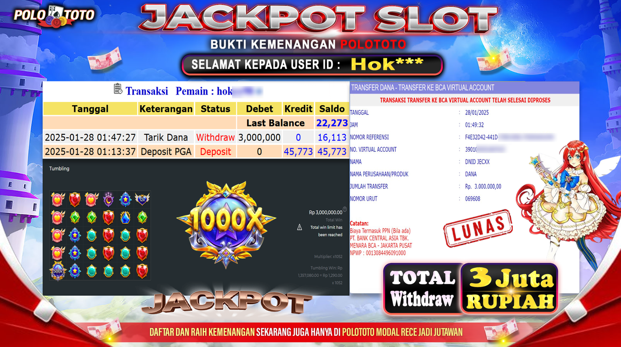 POLOTOTO JACKPOT SLOT STARLIGHT PRINCESS 1000 Rp.3,000.000,-