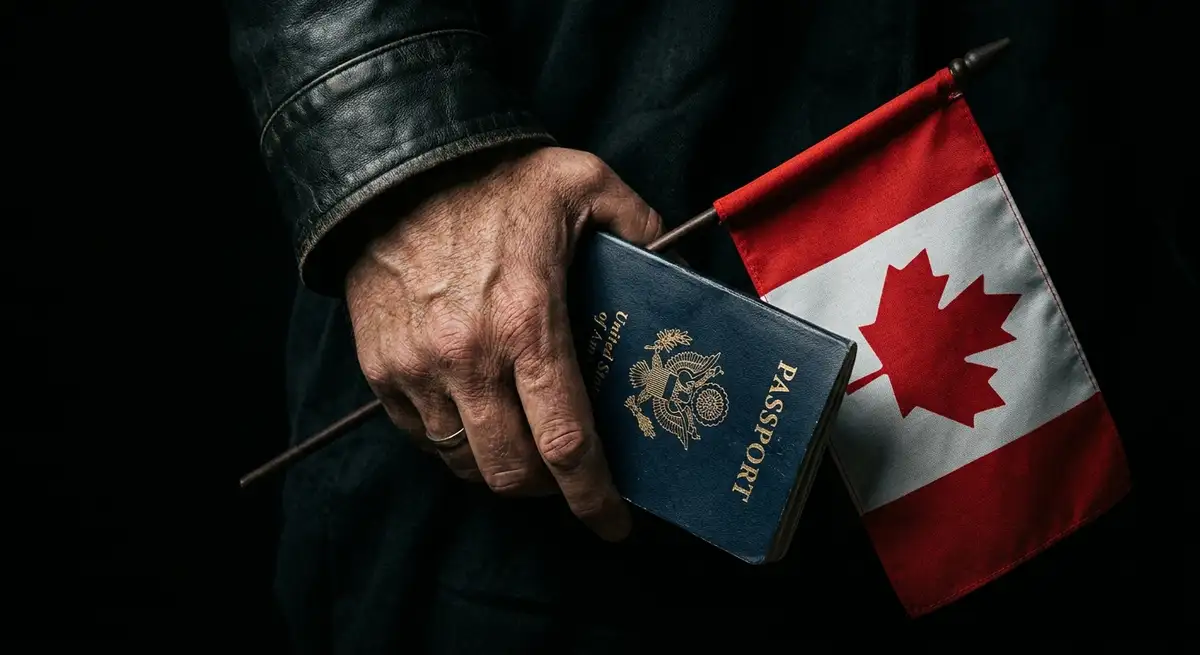 Hand holding an American passport next to a Canadian maple leaf flag