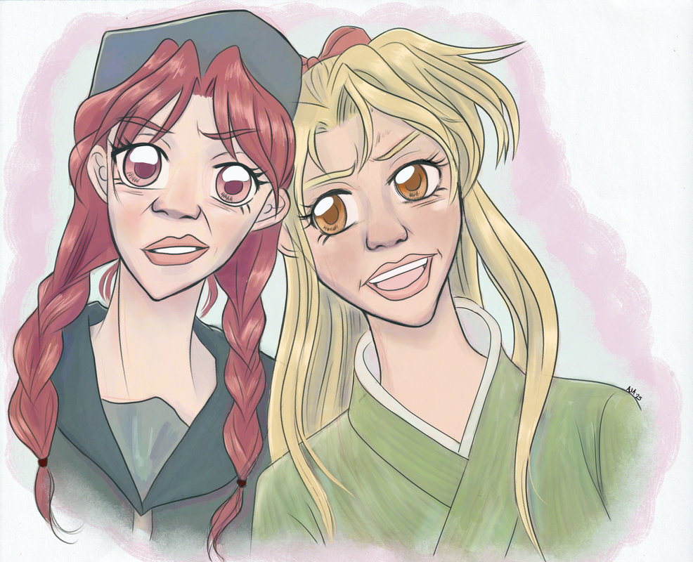 A portrait of Moe Rikyou and Fuzuki Koyama, teenage girls, who are talking among themselves as they're looking at someone towards the viewer.