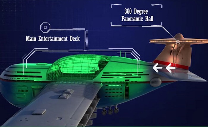 Insinyur asal Yaman, Hashem Al-Ghaili, memamerkan desain hotel terbang bertenaga nuklir yang mampu menampung hingga 5.000 penumpang.