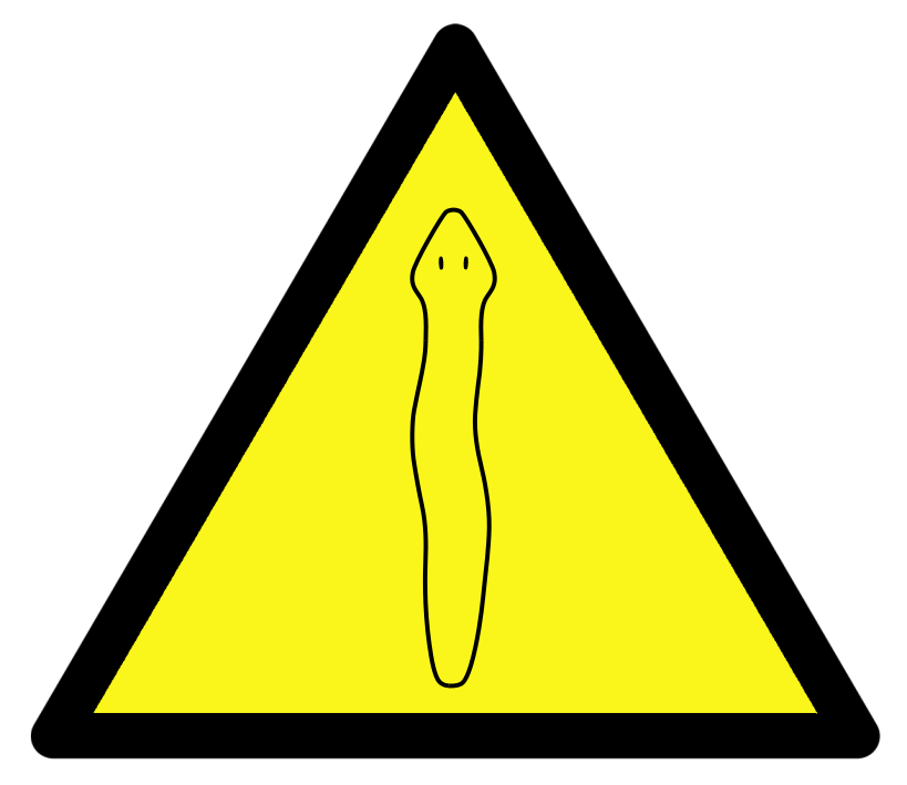 Hazard sign with a stylised freshwater planarian on it