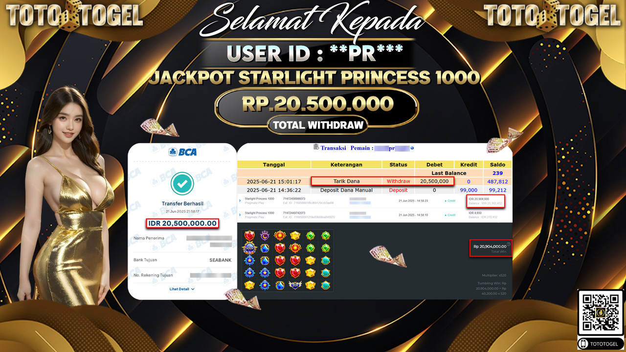 Bukti Pembayaran Jackpot Permainan Slot Starlight Princess 1000 ID:**PR*** LUNAS