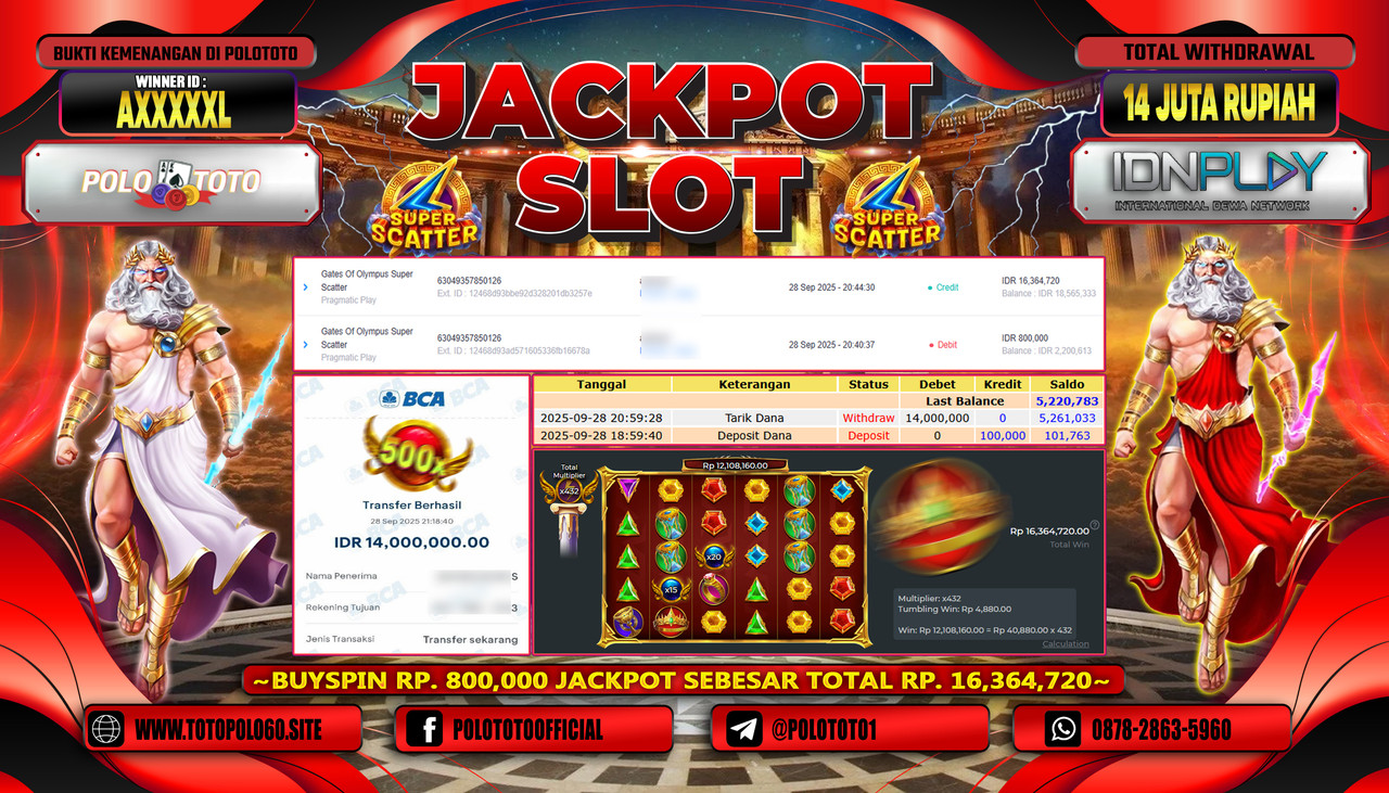 POLOTOTO JACKPOT SLOT GATES OF OLYMPUS SUPER SCATTER Rp.14.000.000,- LUNAS