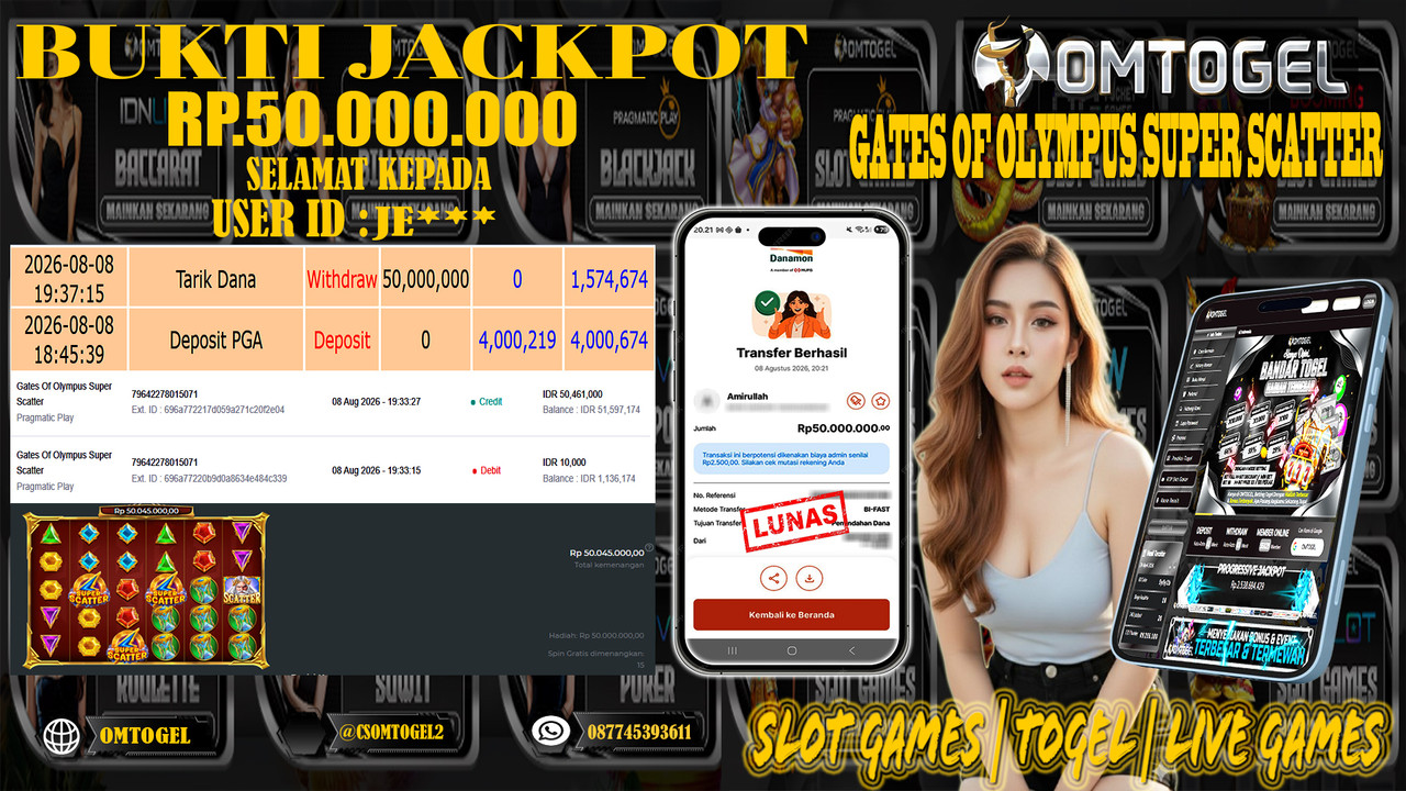OMTOGEL JACKPOT PRAGMATICPLAY GATES OF OLYMPUS SUPER SCATTER  Rp,50,000,000,- DIBAYAR LUNAS