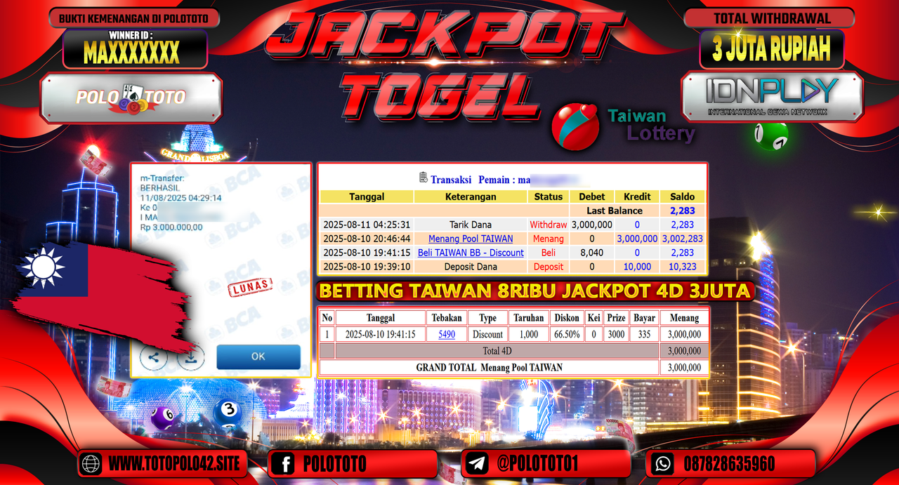 POLOTOTO JACKPOT TOGEL TAIWAN POOL Rp.3.000.000,-LUNAS