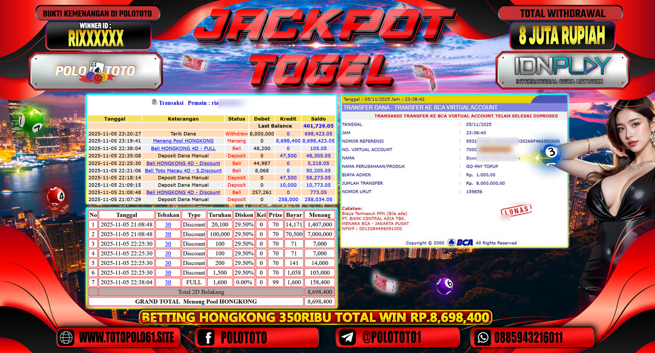 POLOTOTO JACKPOT TOGEL MENANG HONGKONG LOTTO Rp.8.000.000,- LUNAS