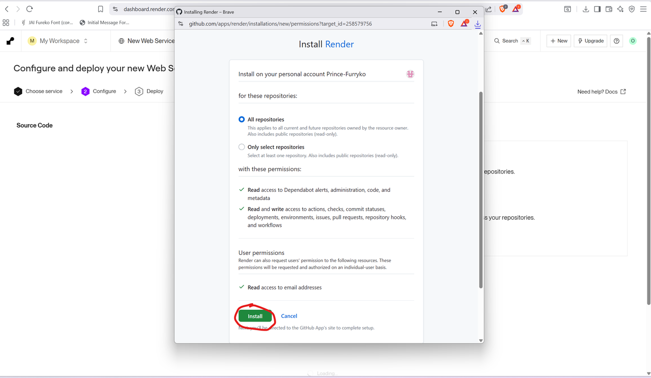 GitHub Install Render Popup