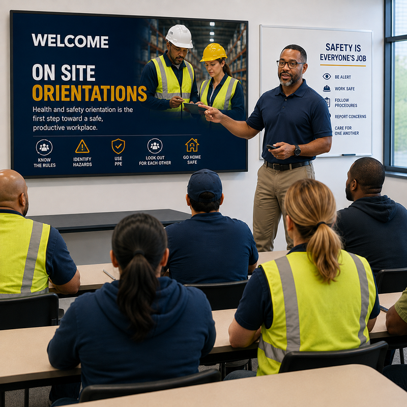 FSG instructor delivering on site safety orientation to a construction crew