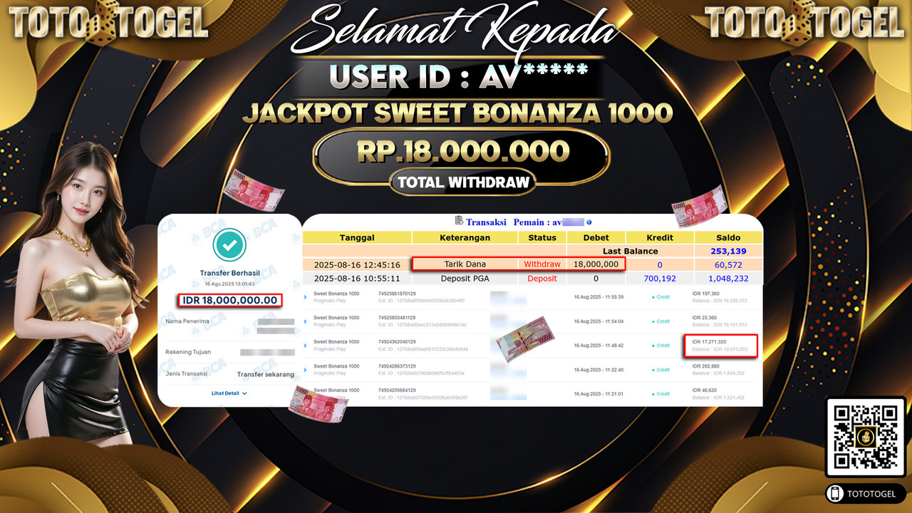 Bukti Pembayaran Jackpot Permainan Slot Sweet Bonanza 1000 ID:AV***** LUNAS