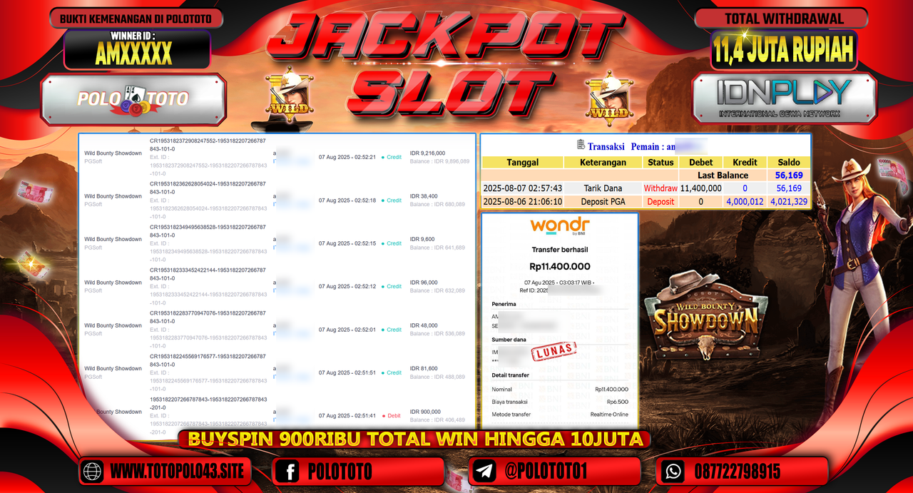 POLOTOTO JACKPOT SLOT WILD BOUNTY SHOWDOWN Rp.11.400.000,-LUNAS