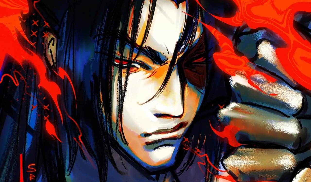 Artwork of a character with long dark hair and red glowing effects.