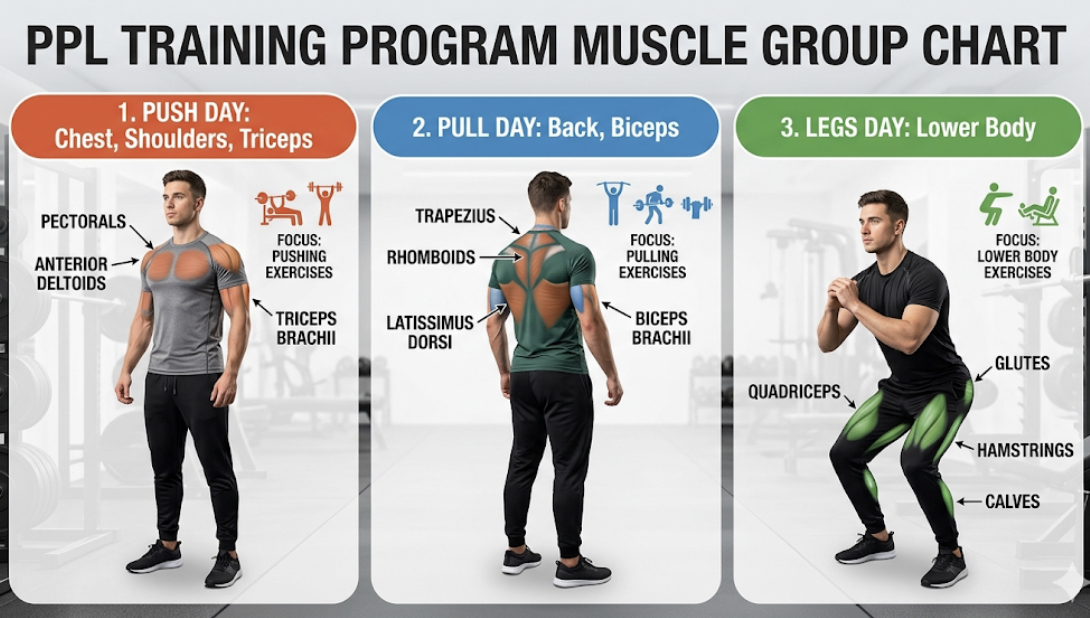 Push pull legs muscle group chart showing push day chest shoulders triceps pull day back biceps and legs day lower body for PPL training program
