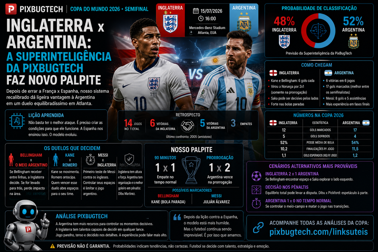 Depois de errar França x Espanha, a Superinteligência da PixBugTech faz novo palpite: Argentina na final, mas por quase nada