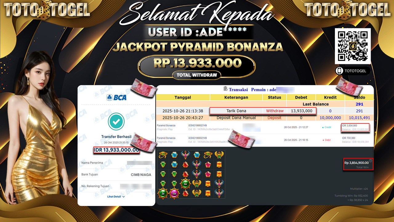 Bukti Pembayaran Jackpot Permainan Slot Pyramid Bonanza ID:ADE**** LUNAS