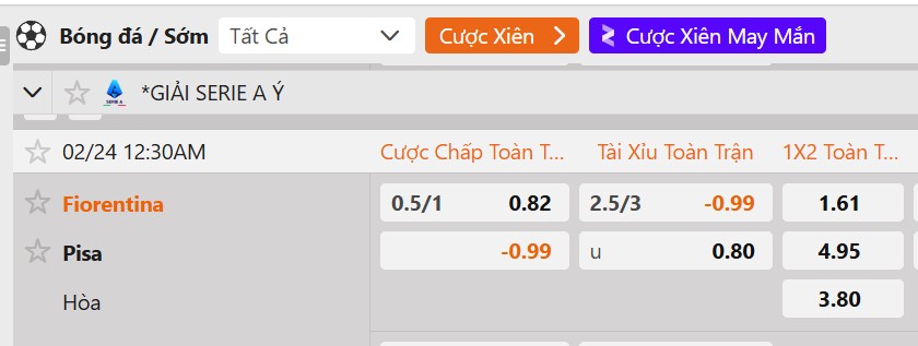 Tỷ lệ kèo Fiorentina vs Pisa