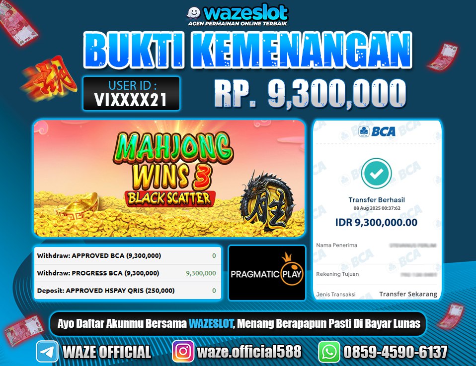 BUKTI KEMENANGAN 8 AGUSTUS 2025 GAME MAHJONG WINS 3 ( PRAGMATIC PLAY )