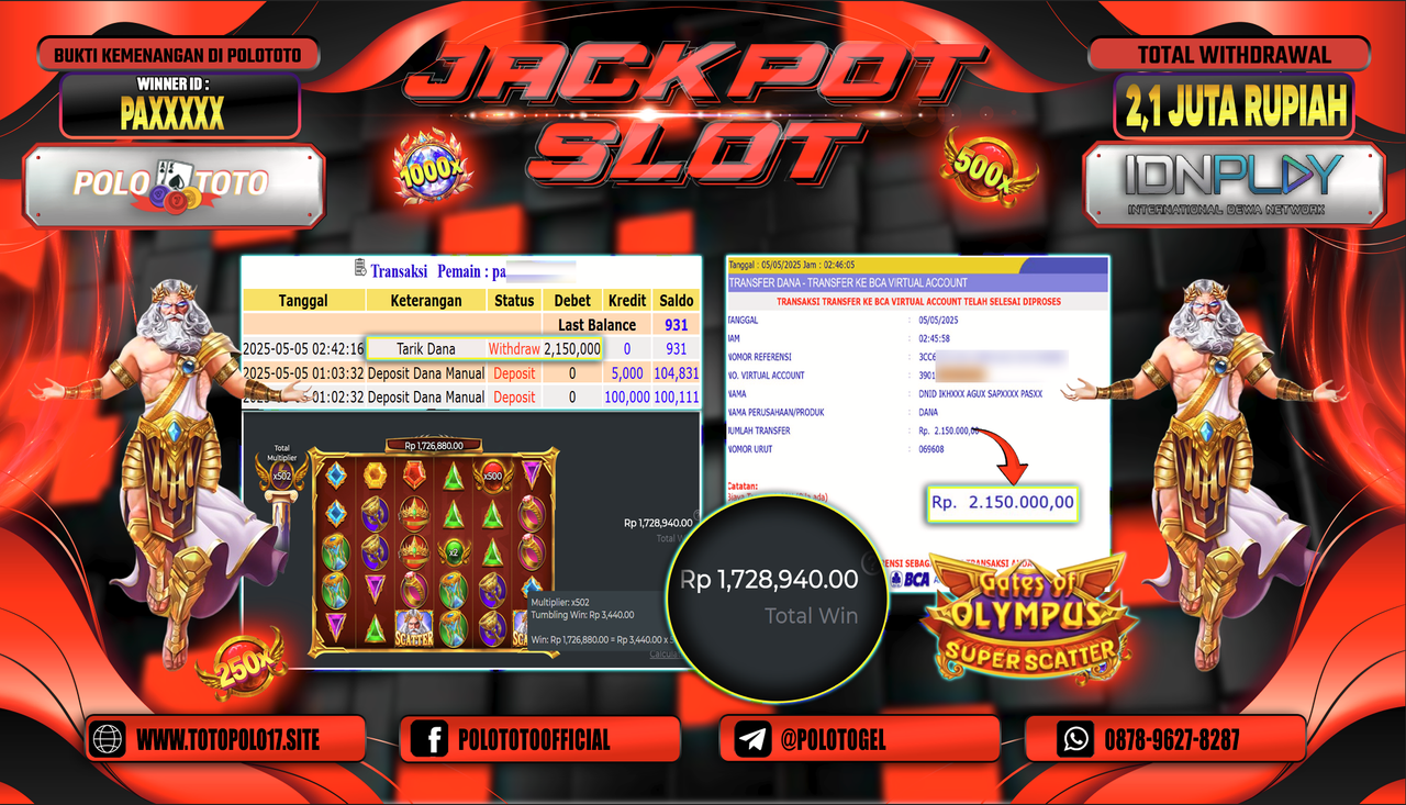 POLOTOTO JACKPOT SLOT GATES OF OLYMPUS SUPER SCATTER Rp.2.150.000,-