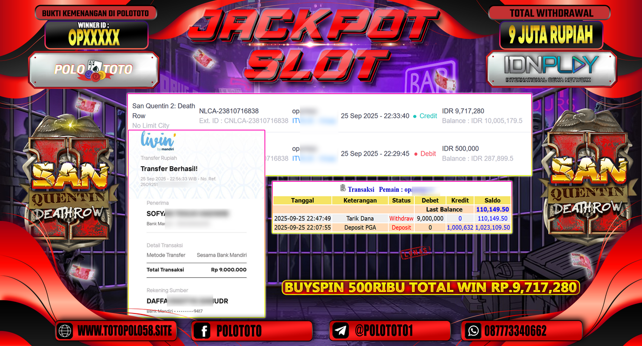 POLOTOTO JACKPOT SLOT SAN QUENTIN 2 DEALTH ROW Rp.9.000.000,- LUNAS
