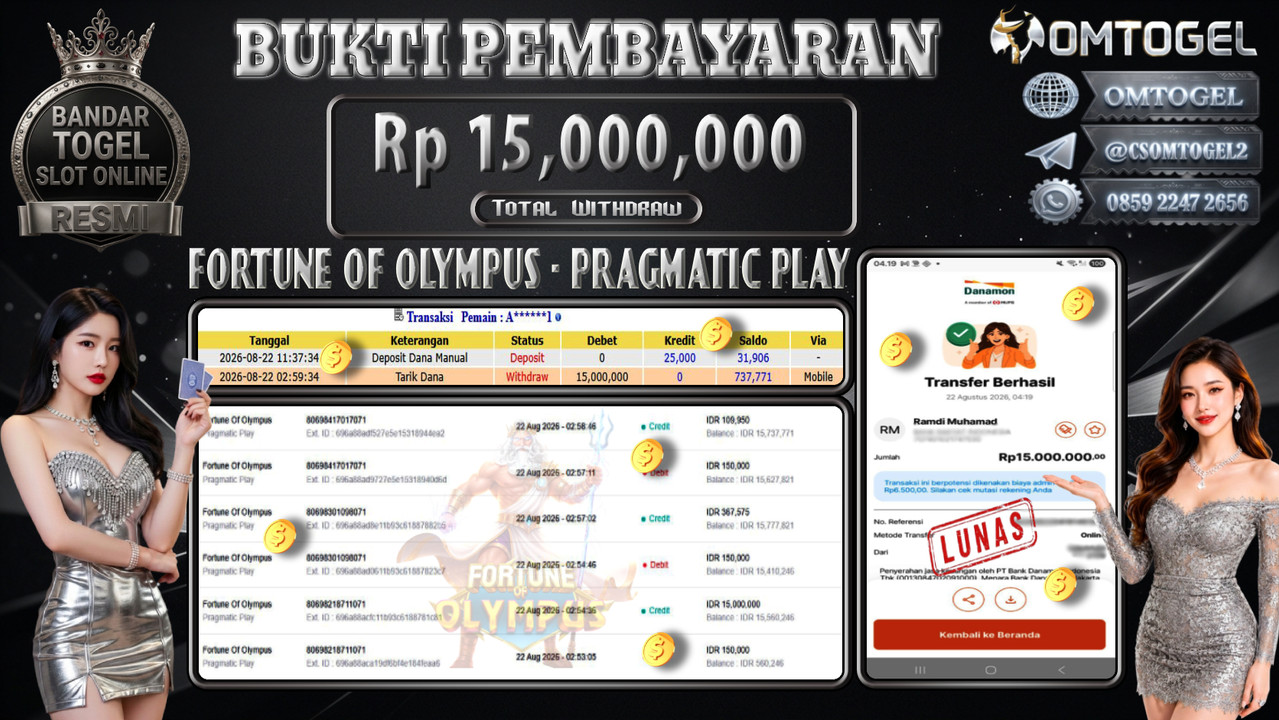 OMTOGEL JACKPOT PRAGMATIC PLAY FORTUNE OF OLYMPUS Rp,15,000,000,- DIBAYAR LUNAS