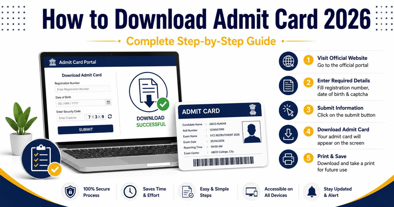 How to Download Admit Card 2026 - Step-by-Step Guide How to download government exam admit card 2026 step by step guide illustration