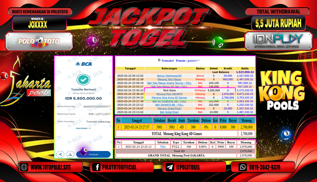 POLOTOTO JACKPOT TOGEL KING KONG POOLS Rp.5.500.000,-