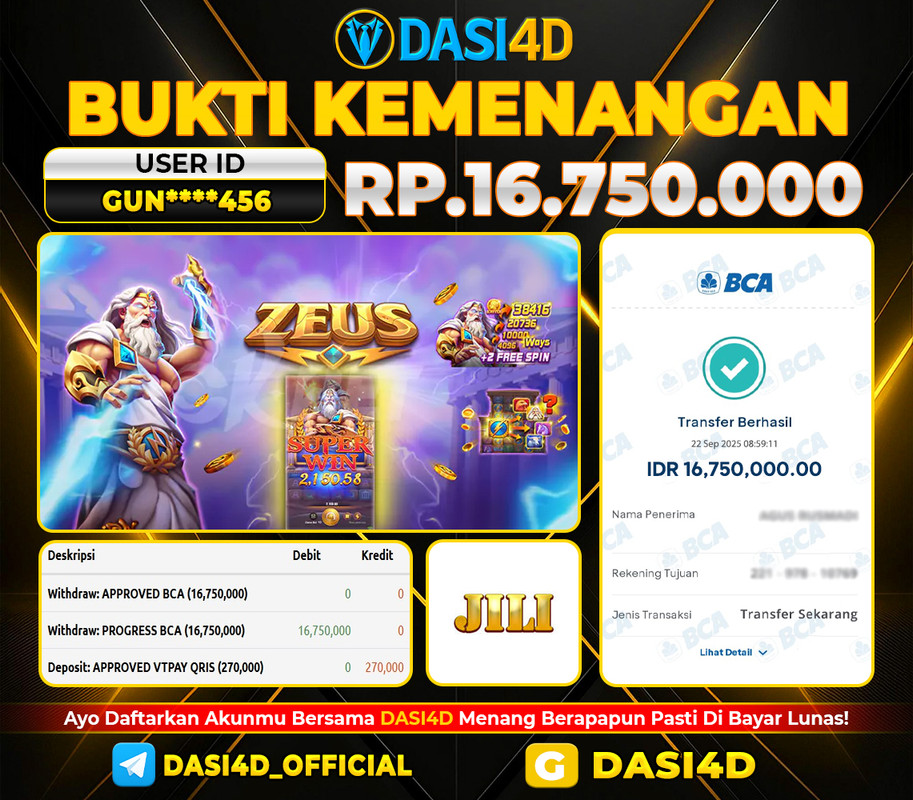 BUKTI KEMENANGAN 22 SEPTEMBER  2025 DI  ZEUS  RP. 16.750.000