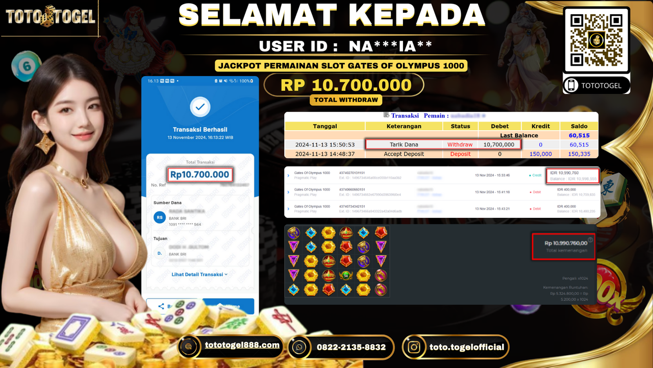 Bukti Pembayaran Jackpot Permainan Slot Gates Of Olympus 1000 ID: NA***IA** LUNAS 
